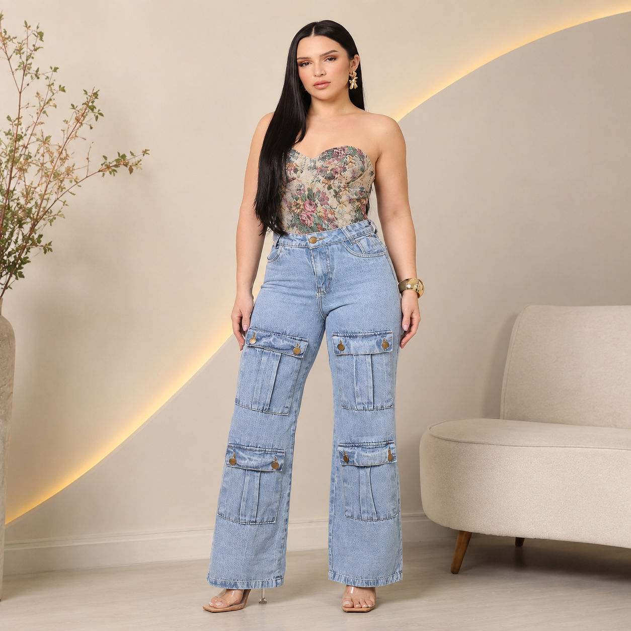 Calça Jeans Feminina 4 Bolsos Cargo frontal - Claro