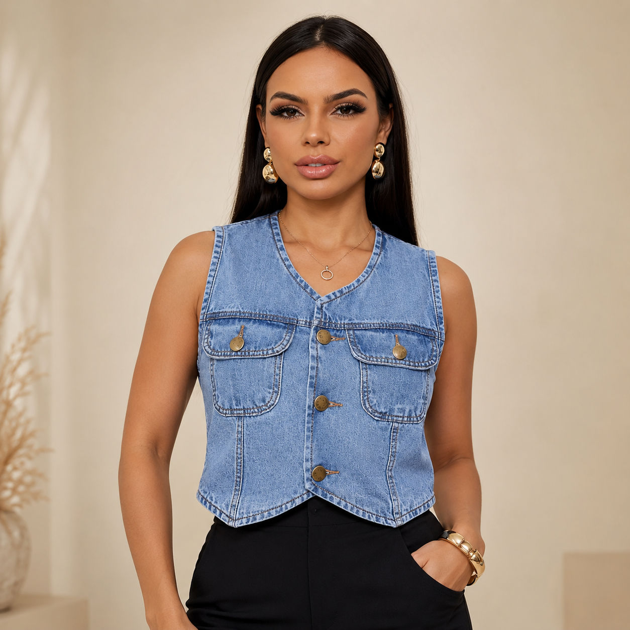 Colete Jeans Feminino Retrô - Claro