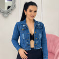 Jaqueta Cropped Jeans Feminina Clássica com Barra desfiada - Escura