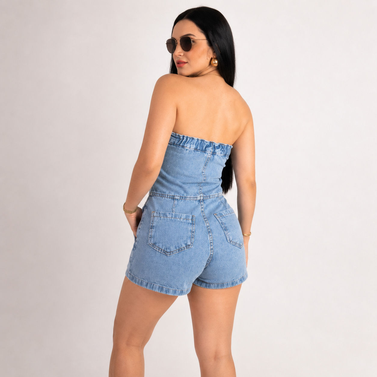 Macaquinho Jeans feminino Destroyed - Claro