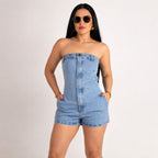 Macaquinho Jeans feminino Destroyed - Claro