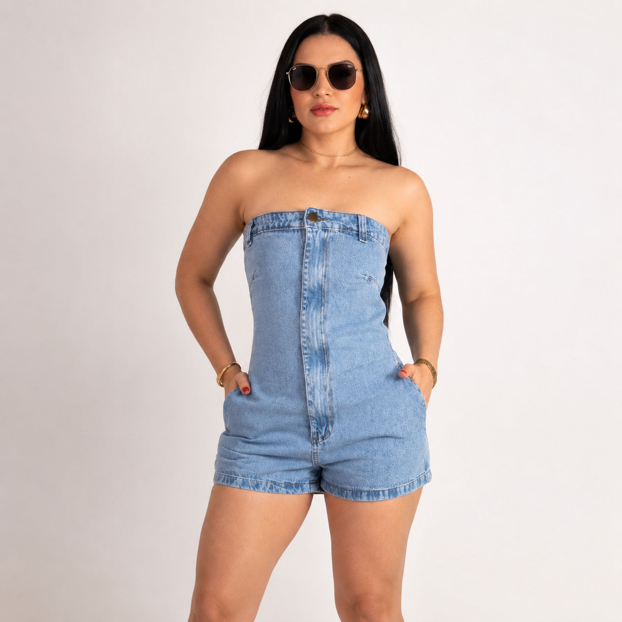 Macaquinho Jeans feminino Destroyed - Claro