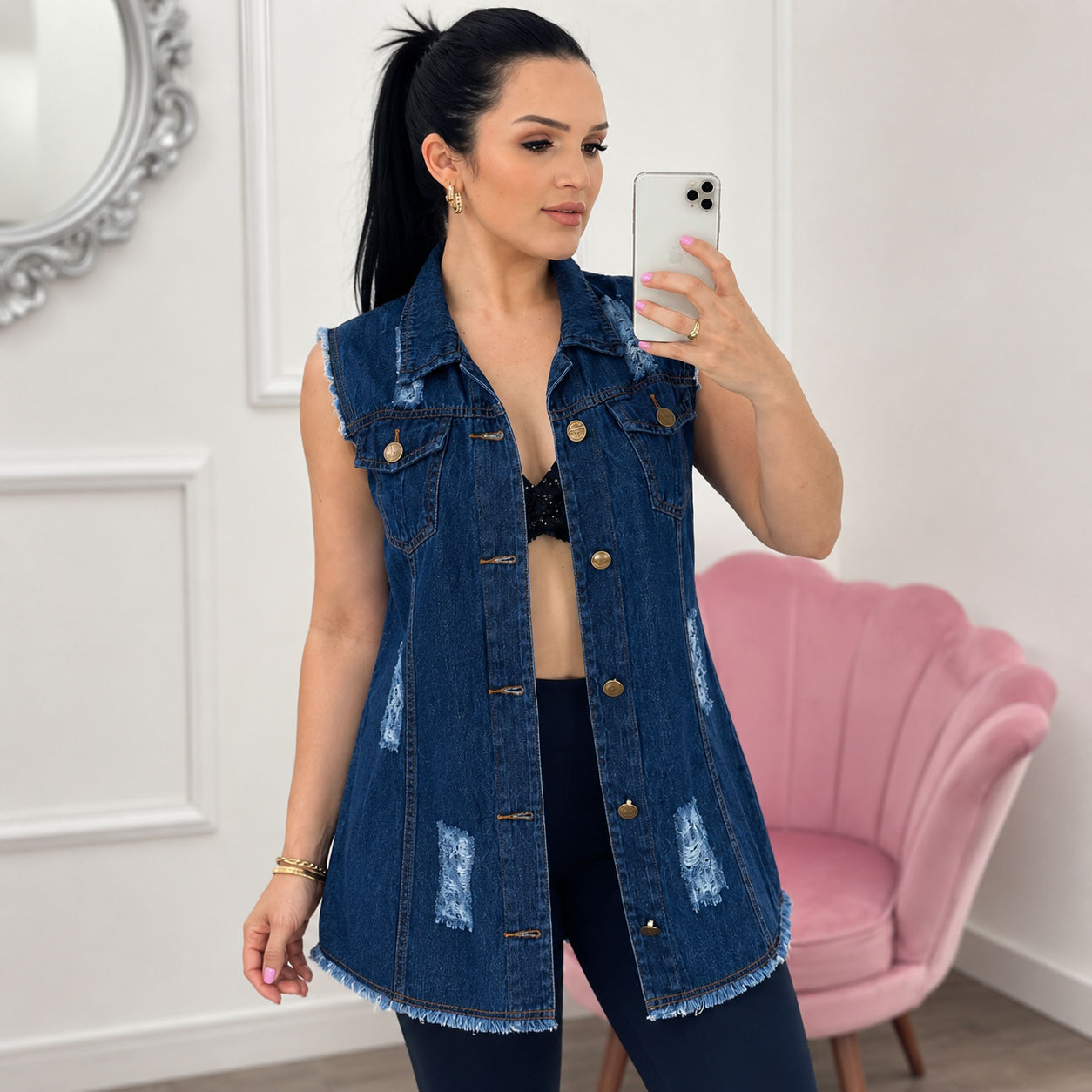 Max Colete Jeans Feminino com Barra desfiada - Escuro