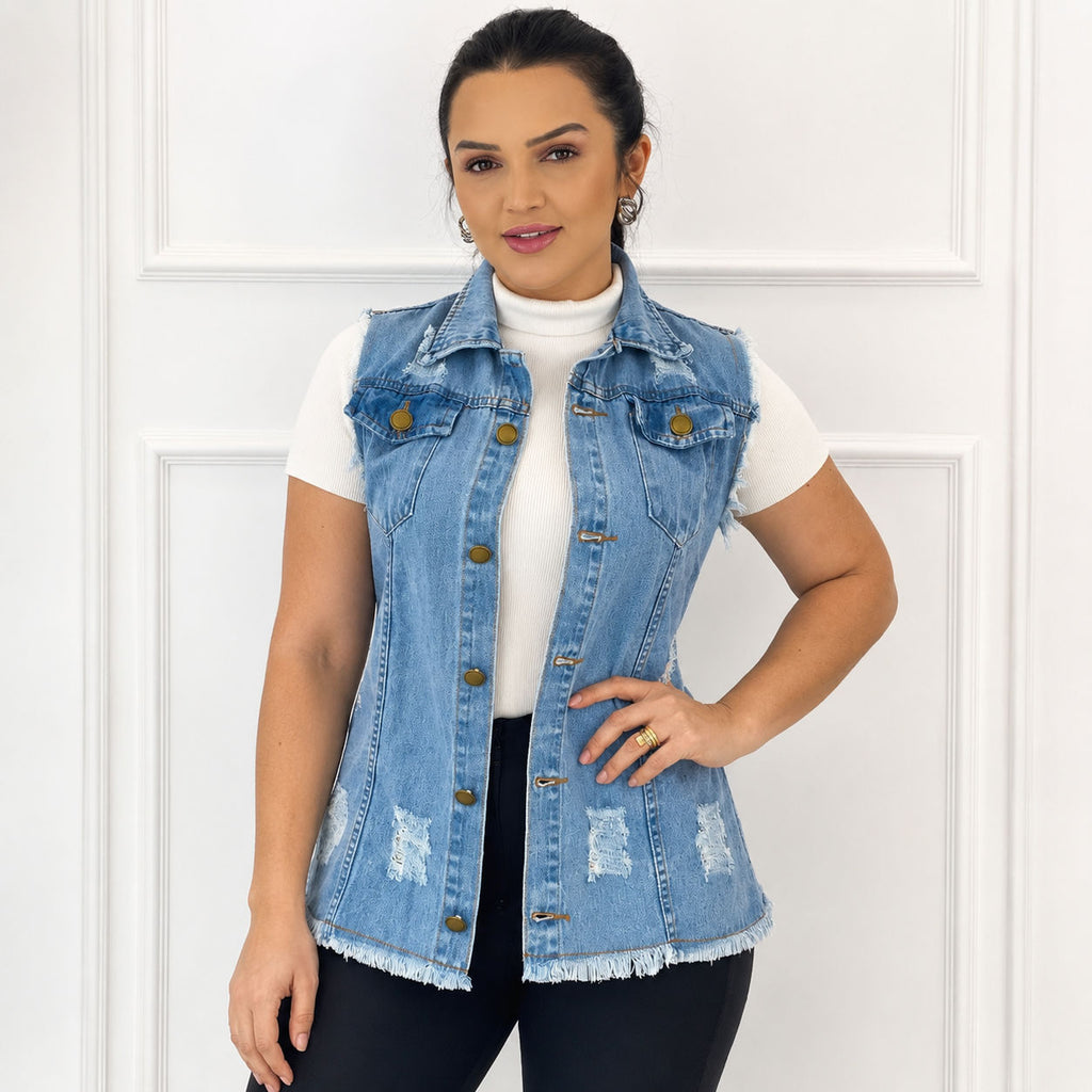 Max Colete Jeans Feminino com Barra desfiada - Claro