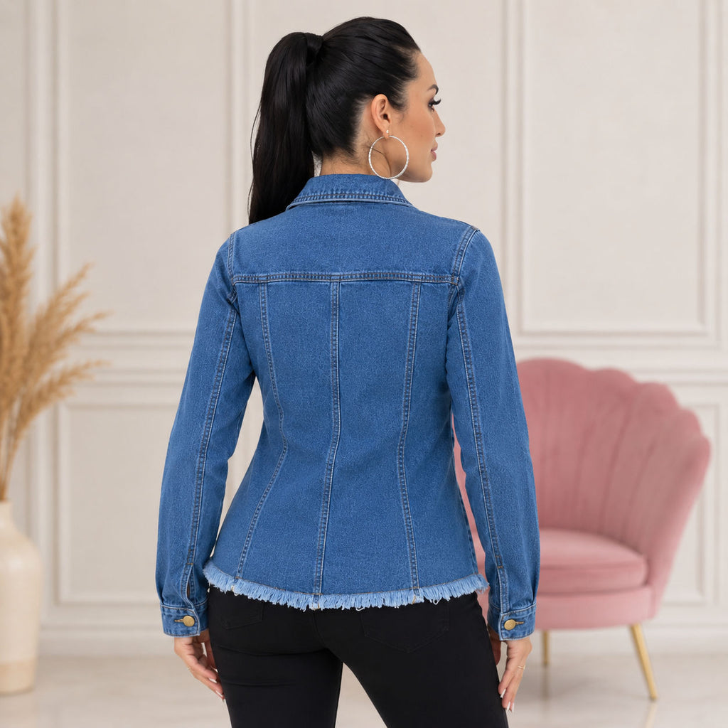 Max Jaqueta Jeans Feminina Clássica com Barra Desfiada - Escura