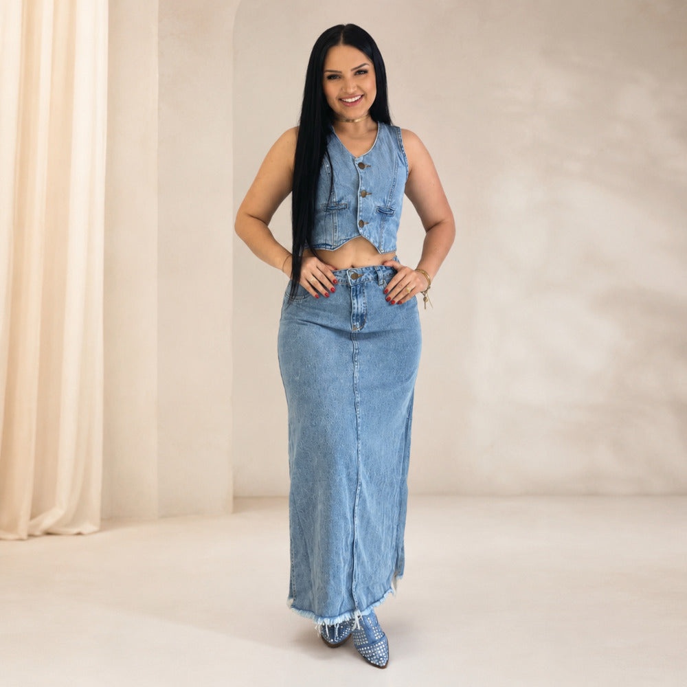 Saia Longa Jeans com Abertura nas Laterais