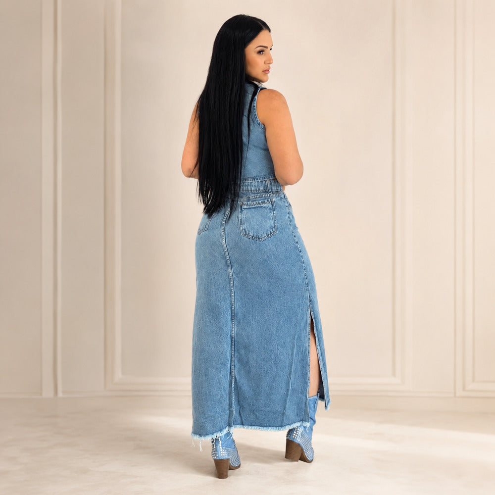 Saia Longa Jeans com Abertura nas Laterais