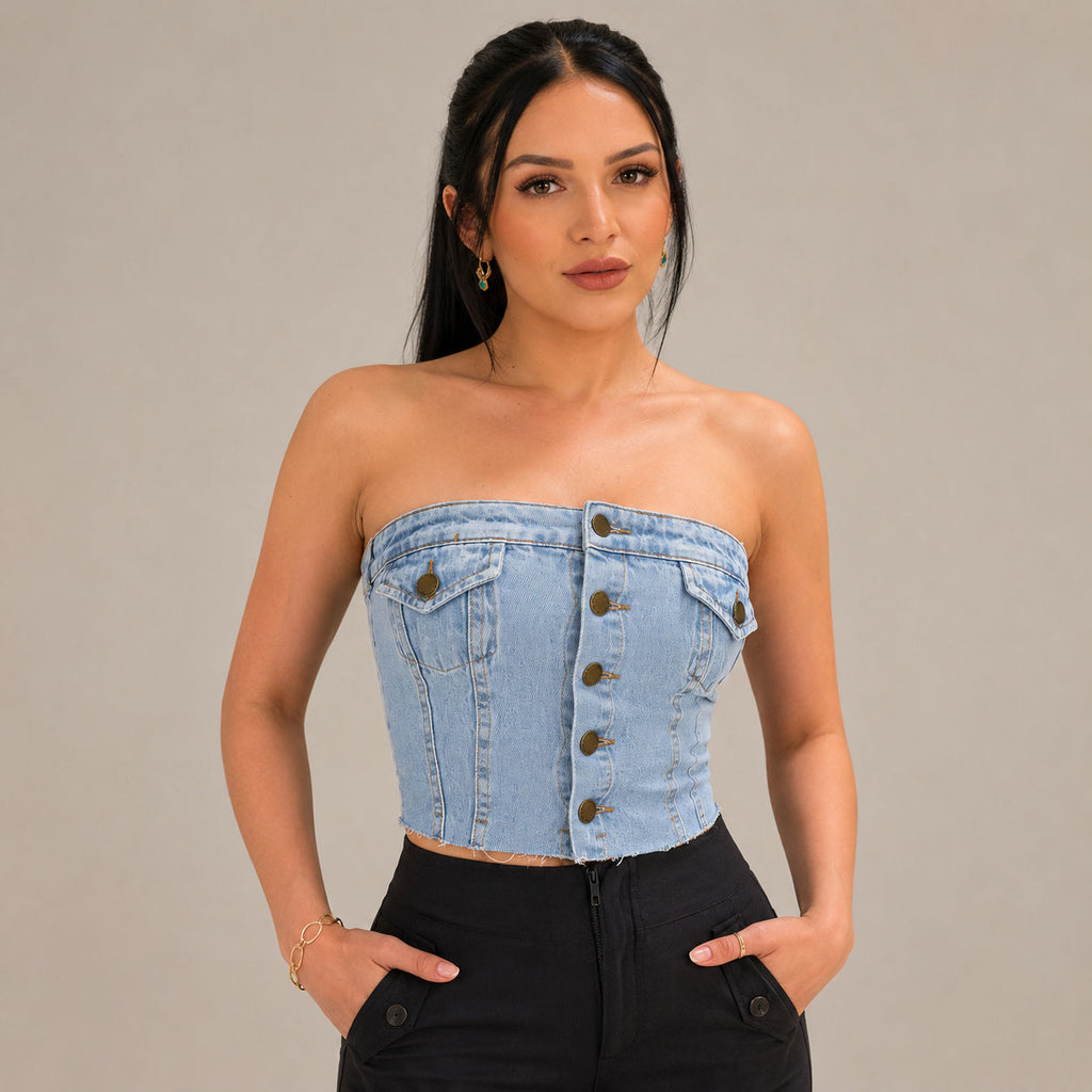 Top Cropped Jeans Feminina com Barra desfiada - Claro