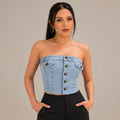 Top Cropped Jeans Feminina com Barra desfiada - Claro