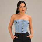 Top Cropped Jeans Feminina com Barra desfiada - Claro