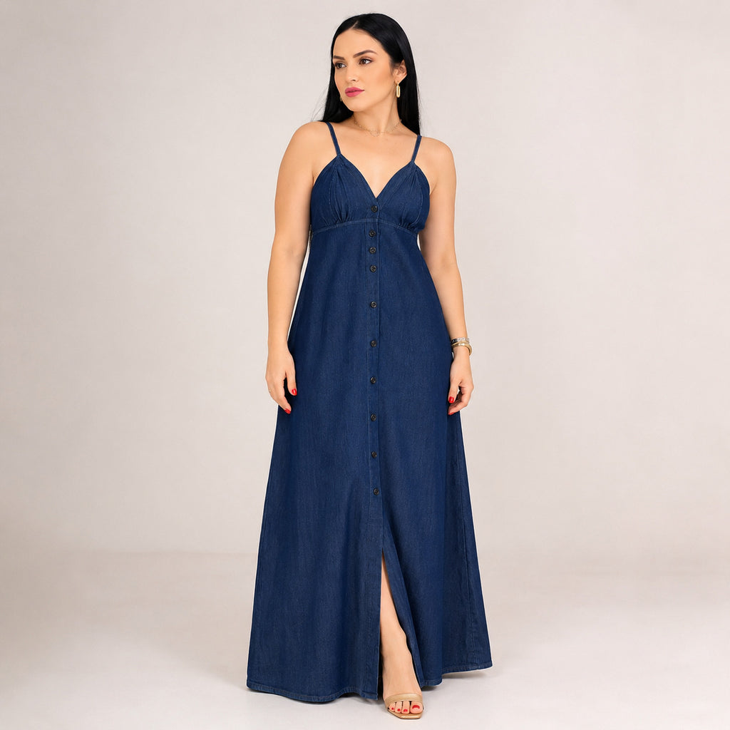 vestido Jeans Longo - Escuro